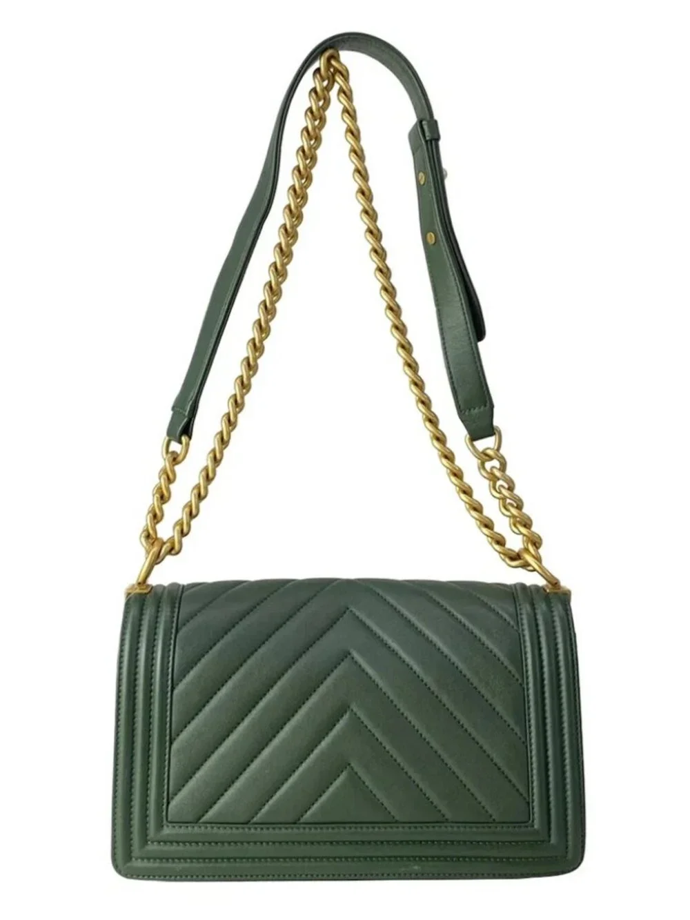 CHANEL Boy Chanel /Matelasse Dark Green Leather Shoulder Bag gold hardware